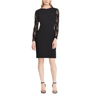 Black Lace Paneled Long Sleeve Jersey Sheath Dress